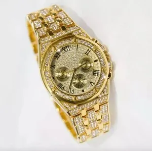 Authentic Luxury Gold Plated Triple Dial Quartz Watch with Rhinestones for Men
