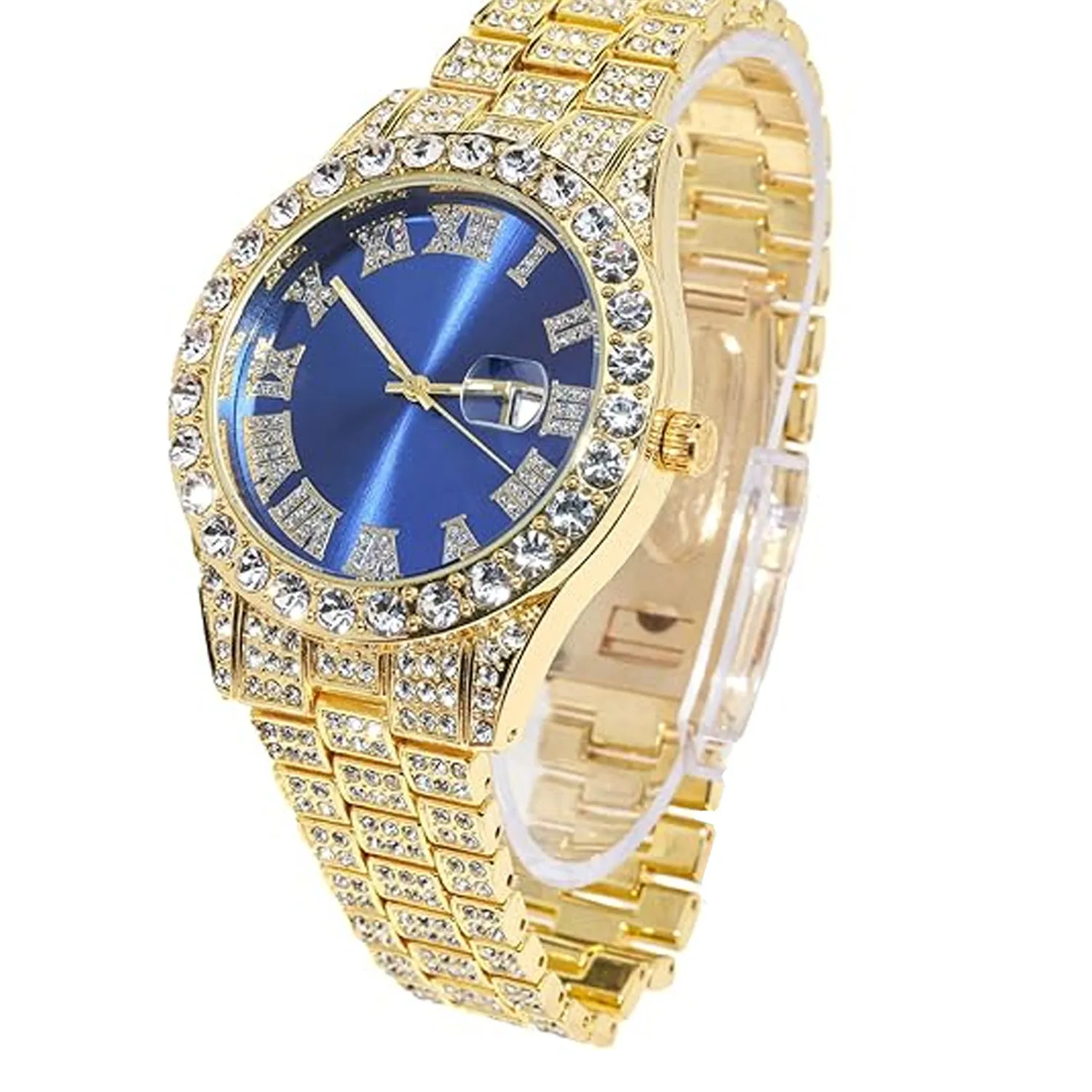 Authentic Men's 18K Gold Plated Watch Iced Out 42MM Blue Dial Quartz Handset Diamond