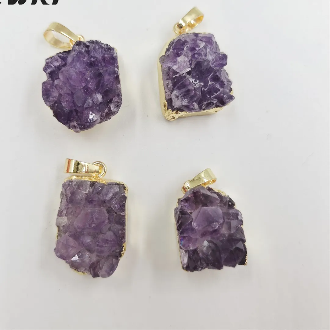 Authentic Wt- P1831 Unique Irregular Shape Natural Uruguay Amethyst Pendant 18K Real Gold Plated Druzy Stone Energy Decoration