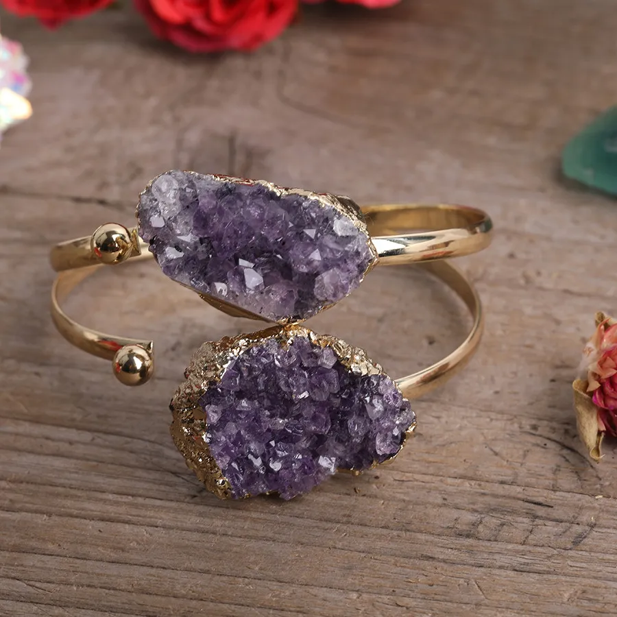 Natural Amethysts Quartz Freeform Slab Beads Open Cuff Bangle Quartz Crystal Gold Bangle Bracelet Jewelry