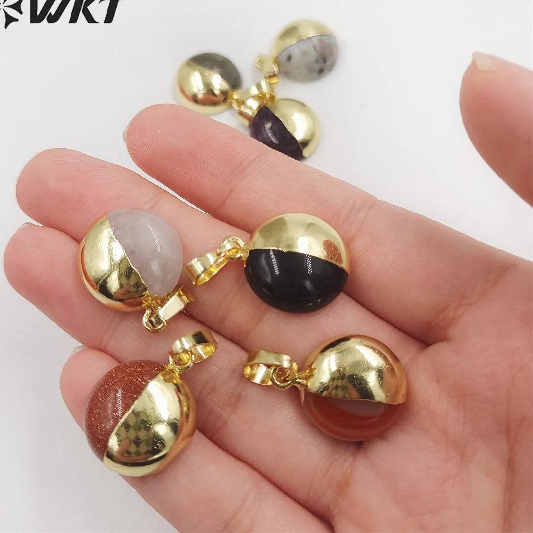 Authentic WT-P1833 Lovely Charming Round Gemstone Beads Pendant Half Gold Plated Natural Cabchon Stone For Friend Birthday Present