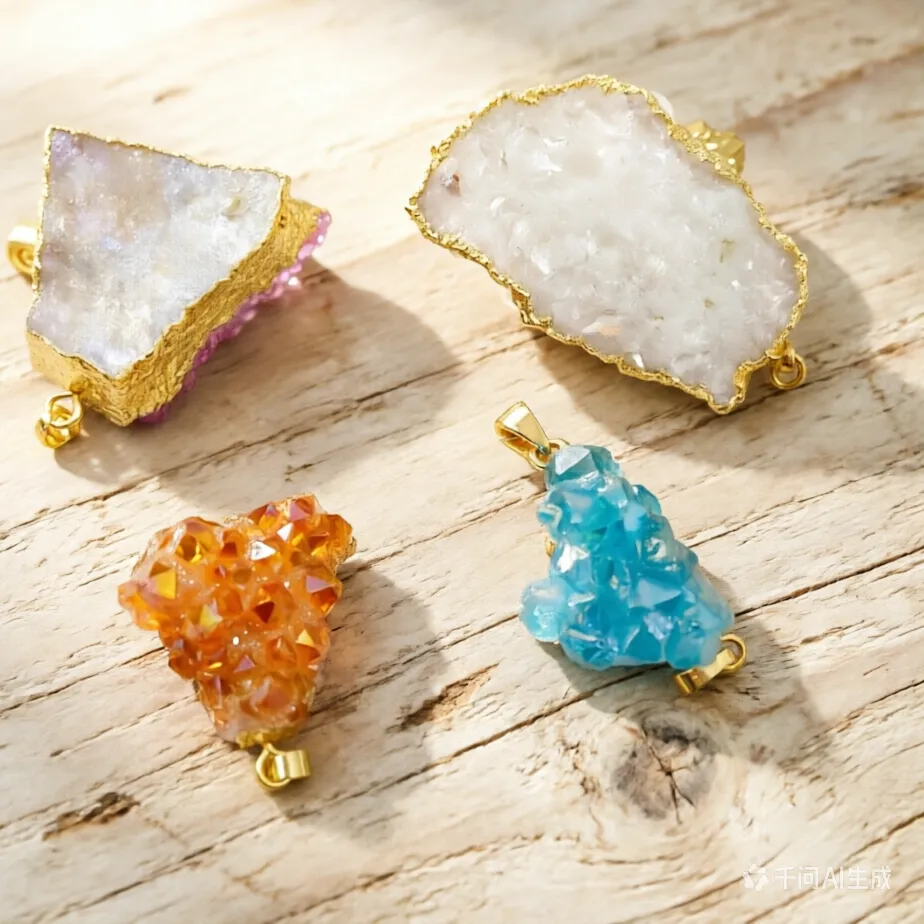 Authentic WT-P1917 WKT Vintage Style Natural Gold Trim Druzy Cluster Quartz Stone Jewelry Pendant Lady Energy colorful Aura Pendants