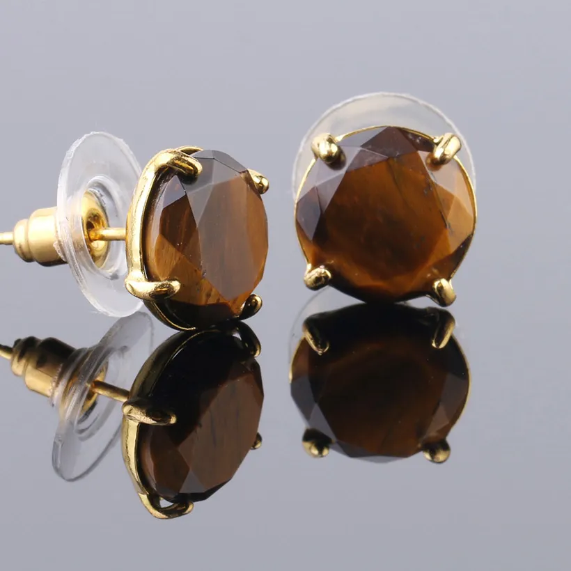 Authentic CSJA Natural Stone Stud Earrings Round Pink Crystal Quartz Gem Beads Gold-Color Simple Earring for Women Girl Charm Jewelry F693