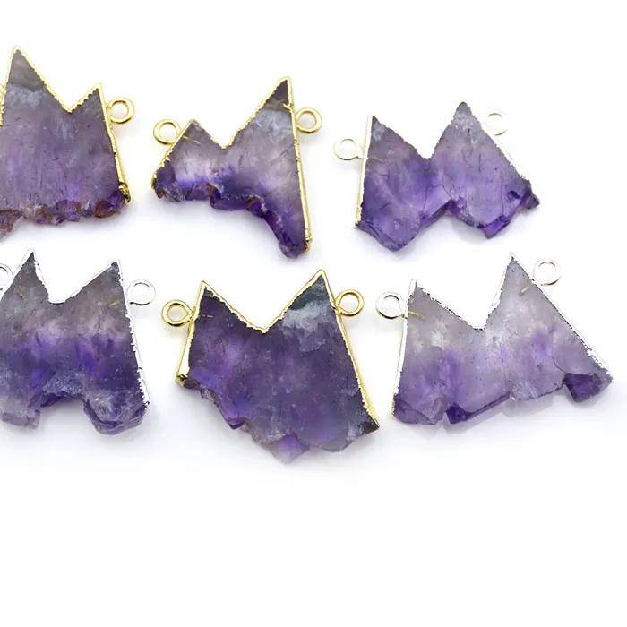 Authentic Natural Amethyst Mountain Shape Slice Pendant Purple Quartz Double Hoops Connector Gold Silver Color Plated Amethyst Charm Women
