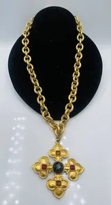 Authentic Karl Lagerfeld Paris Vintage Gold Plated Glass Stones Maltese Cross Necklace