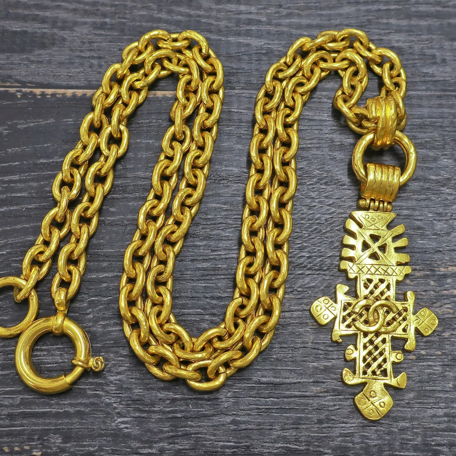 Authentic The Celestial Intertwining: A Vintage Gold-Plated Cross of Infinite Duality