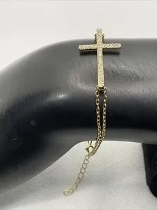 Authentic BEAUTIFUL 14K/925 Yellow Gold Plated Silver Ladies Bracelet w/CZ CROSS Charm2.6g