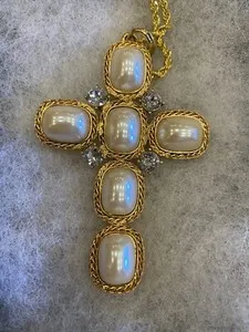 Authentic Stunning Large Kenneth Jay Lane Gold Plated Pearl and Crystal Cross Necklace