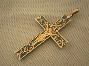 Authentic ANTIQUE GOLD PLATED SILVER PLIQUE-A-JOUR ENAMEL RUSSIAN CROSS PENDANT 84