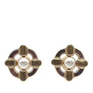 Authentic Chanel Gold Plated Enamel Maltese Cross and Faux Pearl Push Back Earrings