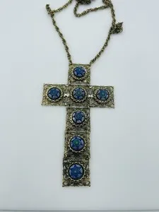 Authentic Hobe Vintage Moroccan Matrix Tile Gold Plated Blue Glass Cross Necklace