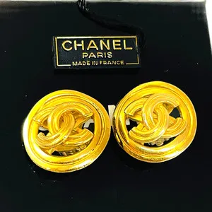 Authentic CHANEL 96P Coco Mark Cross Round Earrings Vintage Gold Plated Clip-On JAPAN