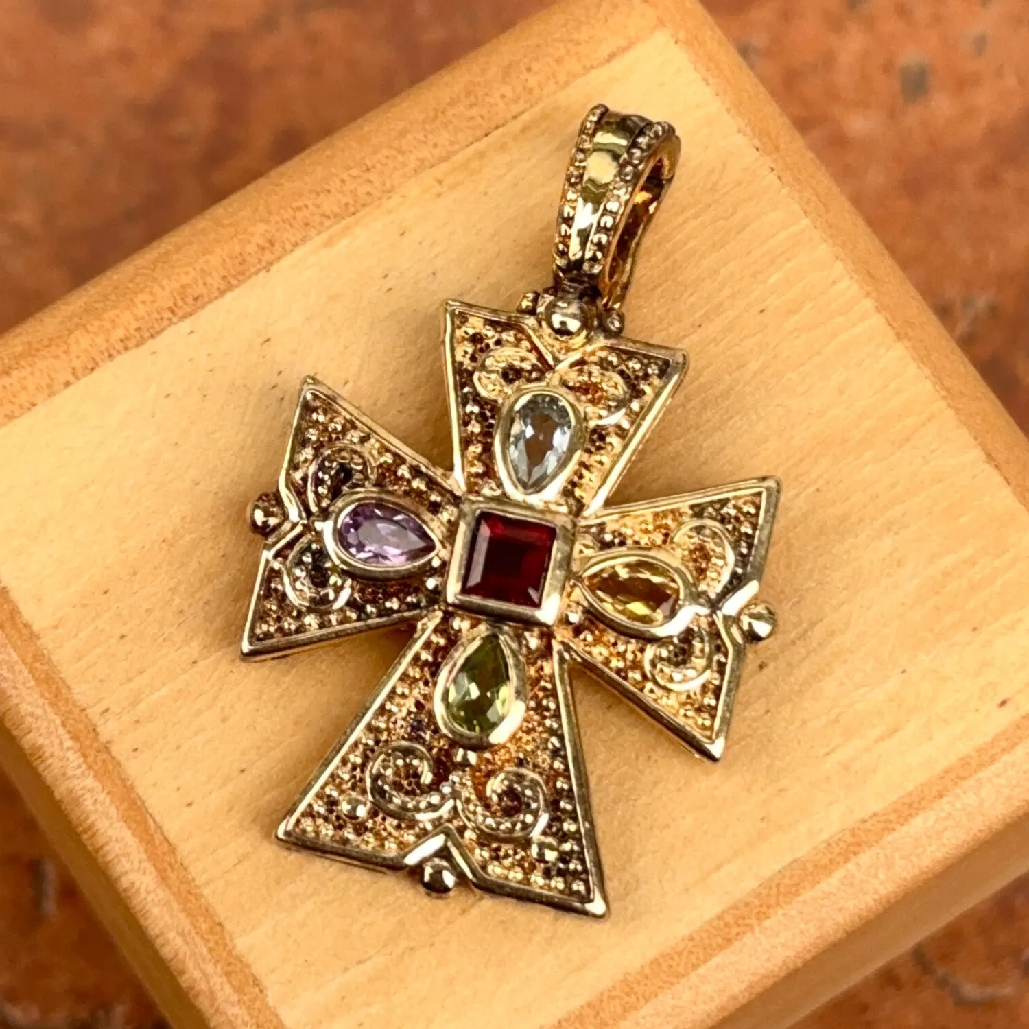 Authentic Gold Plated Sterling Silver Raised Detail Byzantine Etruscan Cross Pendant