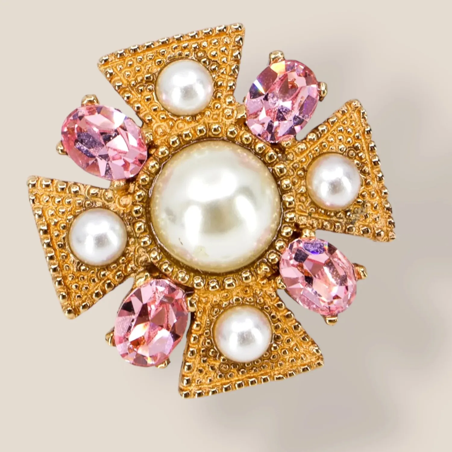 Authentic CINER, Signed Vintage, 18k Gold Plated, Maltese Cross Pearl Ring