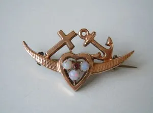 Authentic Antique Gold-Plated Brooch Opal Cross Anchor 0.067oz/1 3/8x0 11/16in