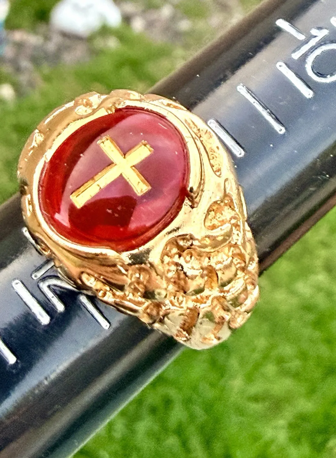 Authentic The Crimson Grace Ruby Glass Cross Gold-Plated Men's Ring