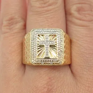 Authentic 925 Sterling Silver Gold Plated Real Round-Cut Diamond Cross Ring Size 10
