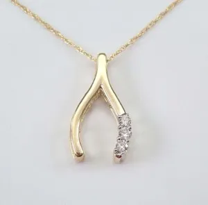 Authentic 0.50Ct Simulated Diamond Wishbone Pendant Round Cut 18" 14K Yellow Gold Plated