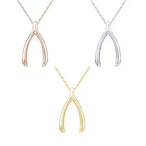 Authentic 14K Gold Plated Silver Wishbone Pendant Necklace 18" Rope For Women's