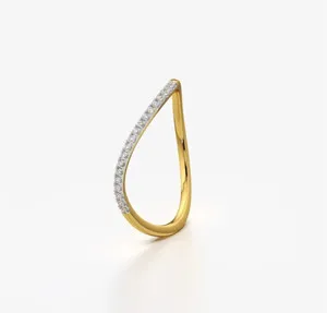 Authentic 14K Yellow Gold Plated 925 Silver Curved V Chevron Wishbone Ring Pave Womens