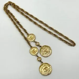 Authentic CHANEL Necklace Lariat Coin Coco Mark Gold Plated Rhinestone Women's Accessory