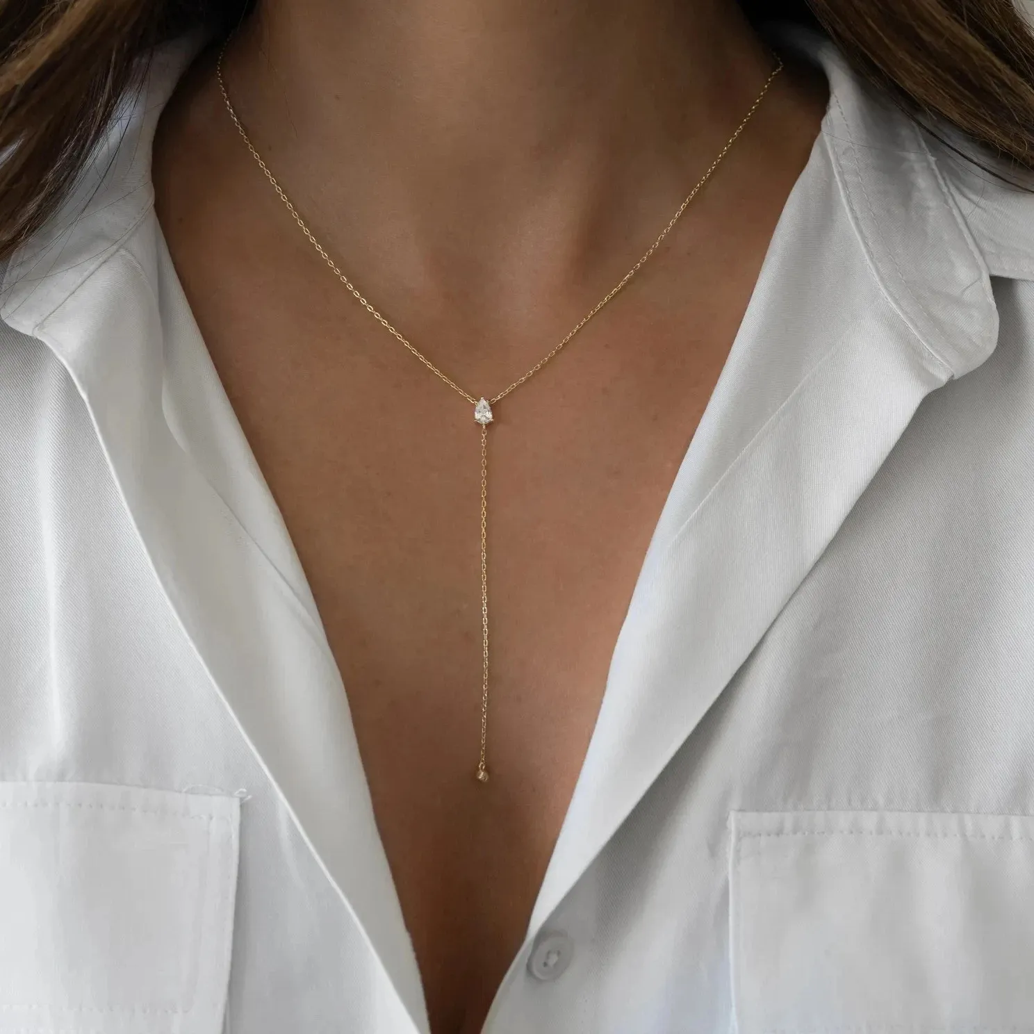 Authentic 1.50 Ct Pear Cut Moissanite Lariat Long Y Drop Necklace 14K Yellow Gold Plated