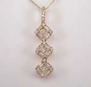 Authentic 2Ct Baguette Moissanite Long Dangle Lariat Charm Pendant 14k Yellow Gold Plated