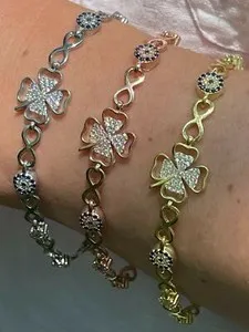 Authentic Real 925 Silver / Yellow Rose Gold Plated Four Leaf Clover Evil Eye CZ Bracelet
