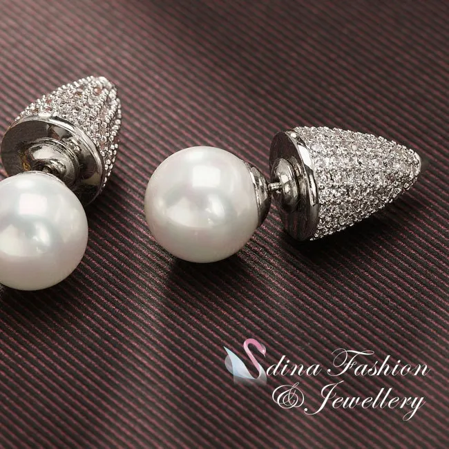 Authentic 18K White Gold Plated Pearl CZ Punk Double Faced Stud Earrings 2 Ways Wear