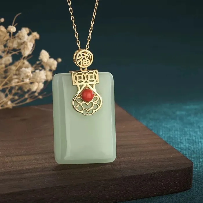 Authentic Jade Ethnic Pendant Necklace Charm Chain Retro 18K Gold Plated Dainty Gemstone