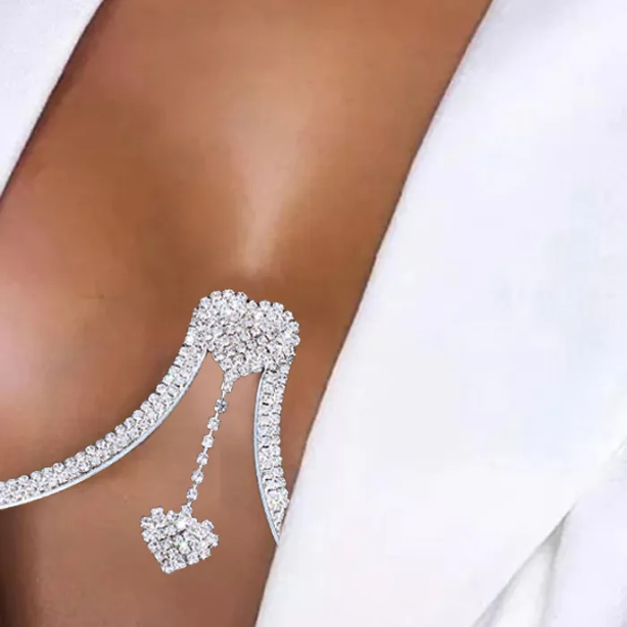 Authentic Chest Bracket Double Pendant Heart Bras Chain Necklace Body Jewelry Rhinestone Top Beach Bikini Swimwear 2022 Women