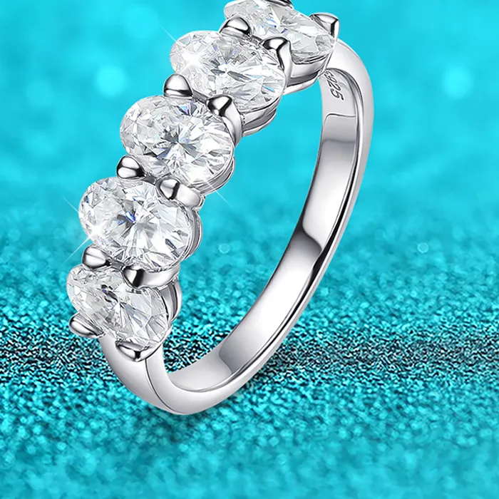 Authentic Smyoue 4*6mm Oval Cut Full Moissanite Ring for Women 5 Stone Lab Diamond Half Eternity Band Luxury Jewelry 925 Sterling Silver