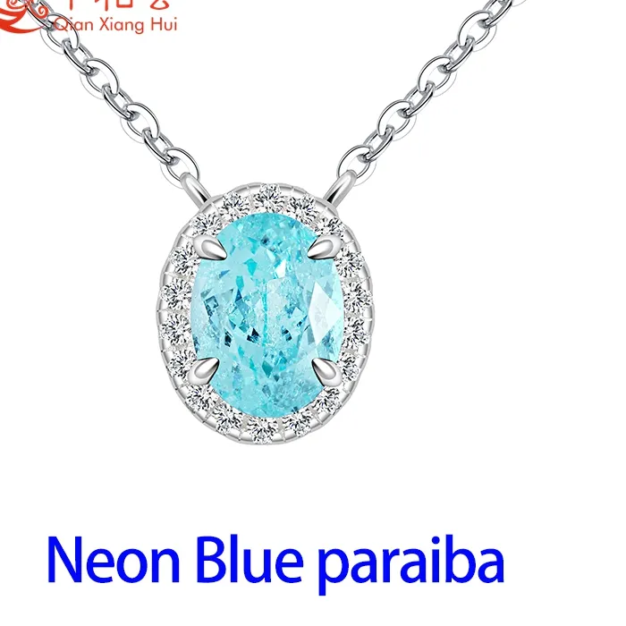 Authentic 6x8mm 8x10mm oval S925 Sterling Silver YAG Created Neon Blue/Green Paraiba with Moissanite Halo Pendant Necklace Jewelry Women