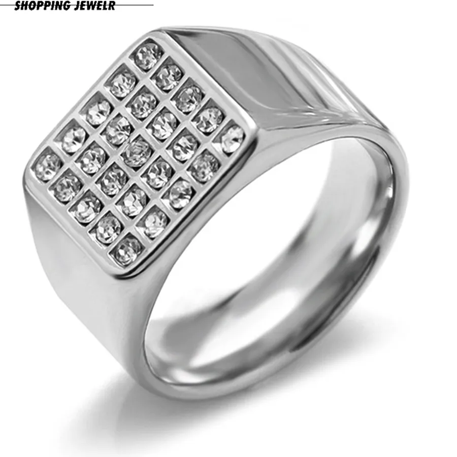 Authentic 14mm Delicate Shiny Cubic Zirconia Signet Ring for Men Square Finger Band Gothic Punk Rock Boy Stamp Jewelry