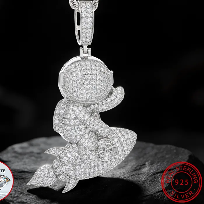 Authentic Astronaut Riding A Rocket Pendant Necklace pave Moissanite S925 Sterling Silver For Women Men Hip Hop Jewelry Gifts