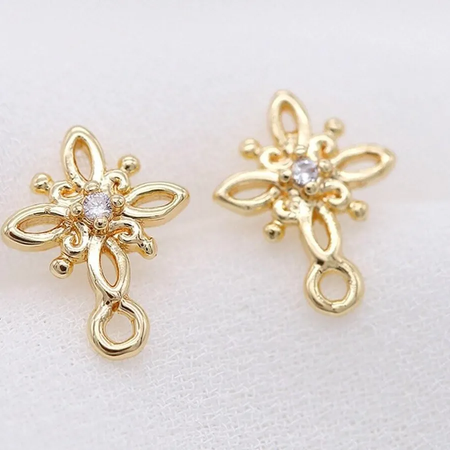 Authentic 2Pairs 18K Gold Plated Brass CZ Flower Stud Earrings Connector Component GZX575