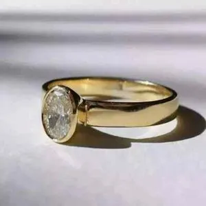 Authentic 2.00 CT Oval Cut Moissanite Bezel Set Wedding Women Ring 14K Yellow Gold Plated