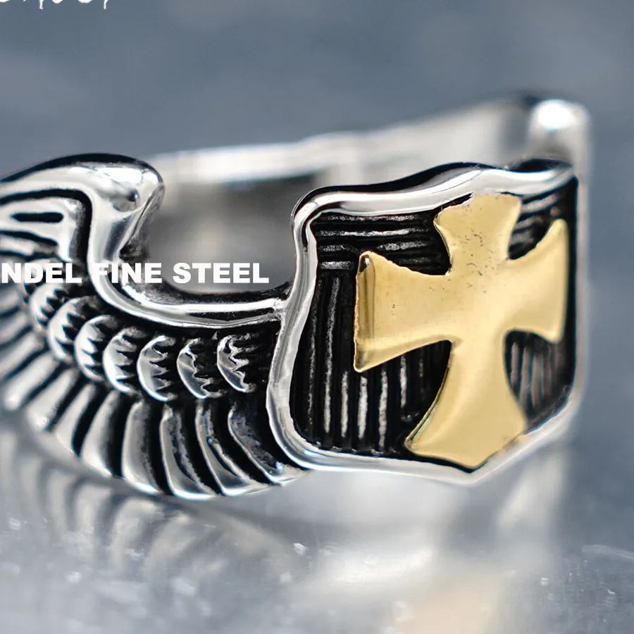 Authentic MENDEL Mens Gold Plated Biker St Saint Michael Angel Wings Cross Ring Size 7-15