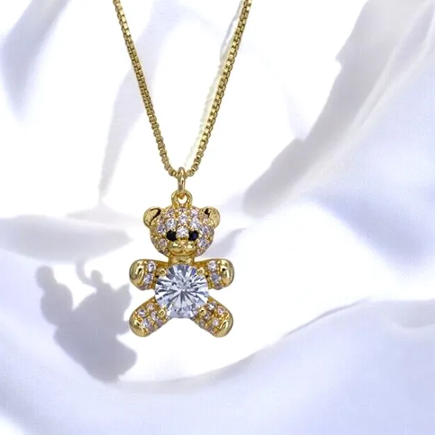 Authentic Gold Plated Teddy Bear with Clear Cubic Zirconia Pendant Necklace.