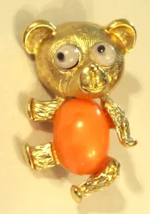 Authentic Monkey or Teddy Bear Jelly Belly Pin Gold Plated Figural Moving Google Eyes VTG