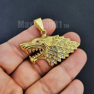 Authentic Iced Hip Hop Simulated Diamond Gold Plated Wolf Head Pendant