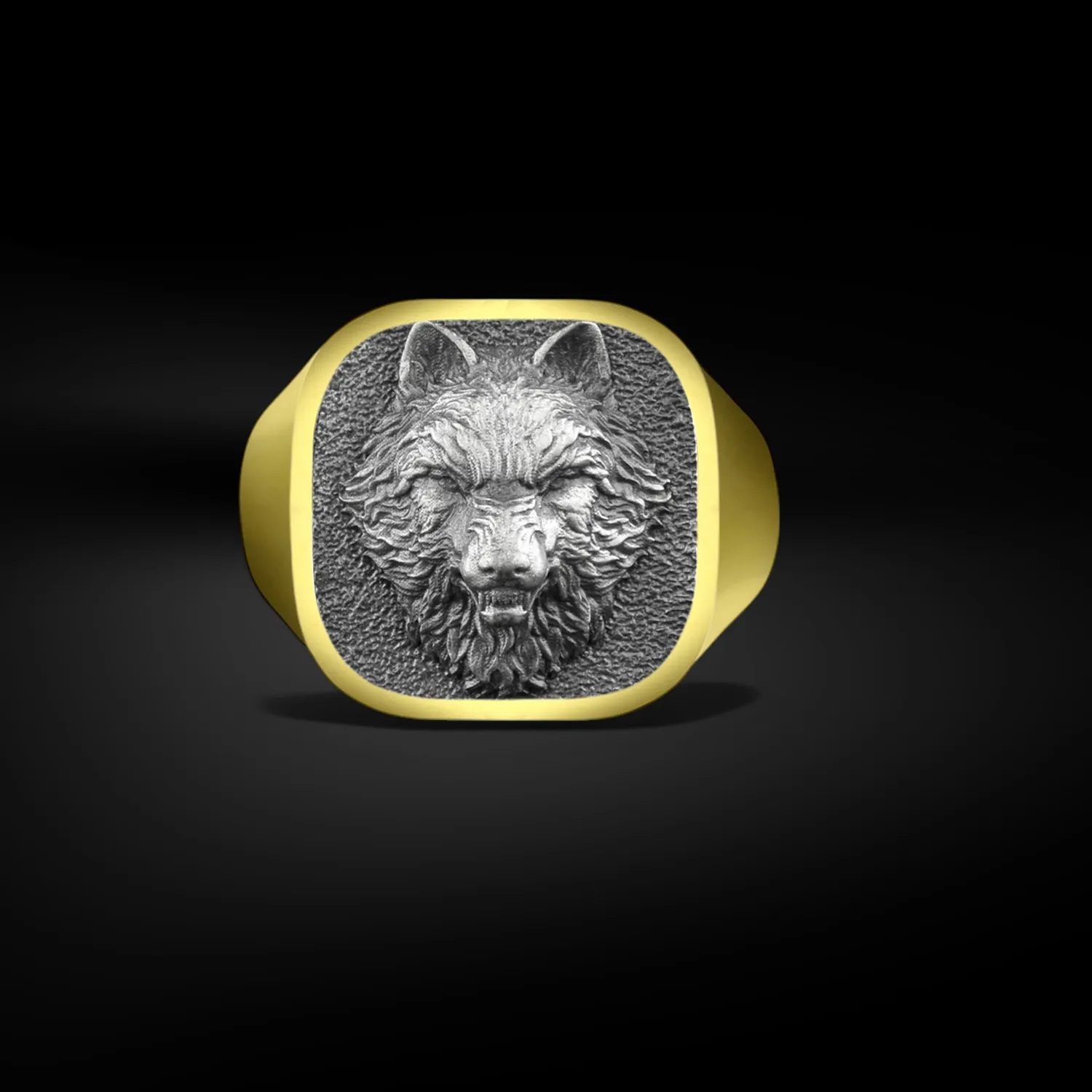 Authentic Fenrir the Viking Wolf Men Ring in Gold Plated Silver, Wilf Wolf Signet Men