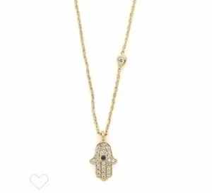 Authentic TAI 18k Gold Plated Cubic Zirconia Hamsa Hand Pendant Necklace 16” Cable Chain