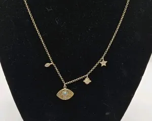 Authentic 925 Sterling Silver Gold Plated Hamsa & Star Charm Station Necklace Celestial CZ