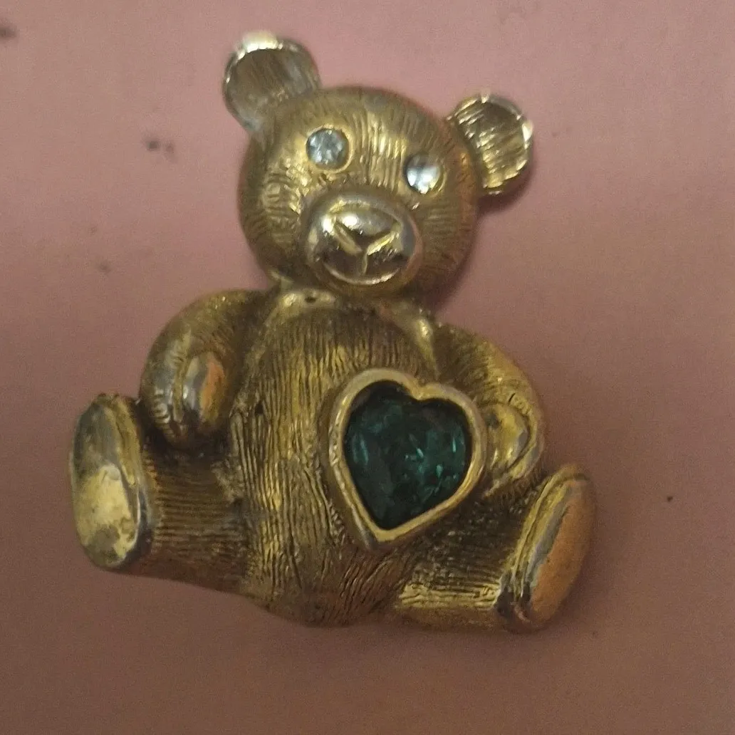 Authentic The Golden Guardian Vintage Teddy Bear Talisman with Emerald Heart