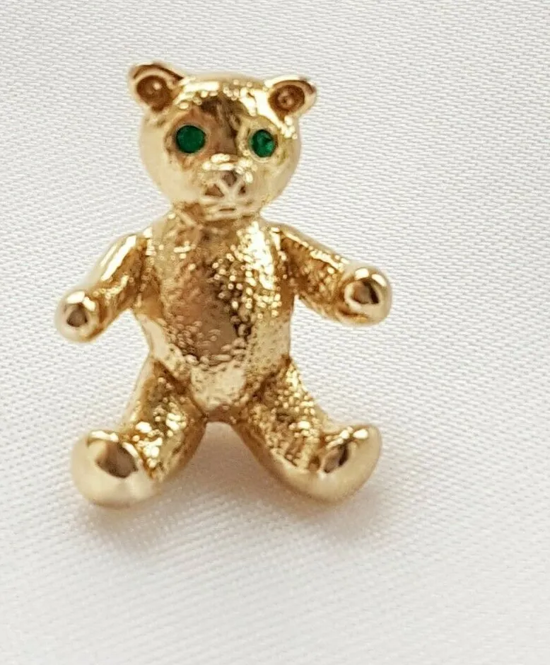 Authentic Teddy Bear ~ Brooch ~ Gold Plated ~ Sparkling Green Diamantes ~ Small