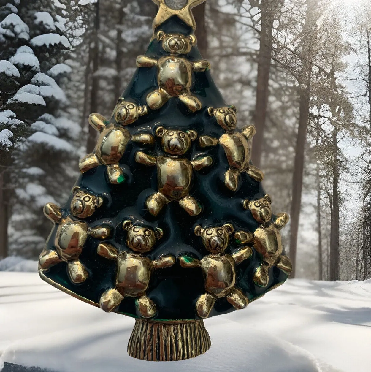 Authentic Lia Teddy Bear Tree Brooch Gold Plated Dark Emerald Green Enamel Vintage A08