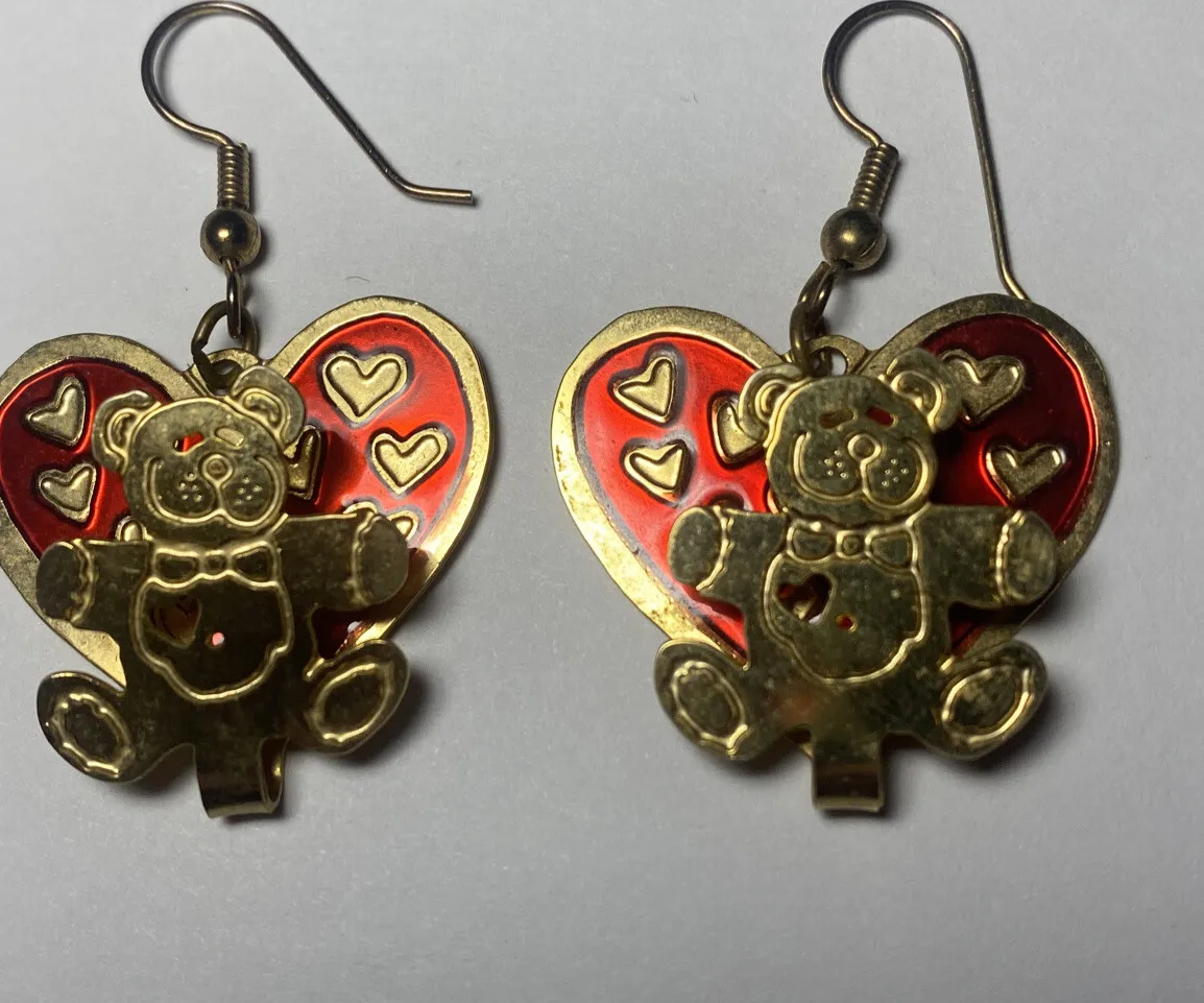 Authentic Vintage Estate Red Gold Plated Teddy Bear Heart Valentines Dangle Earrings