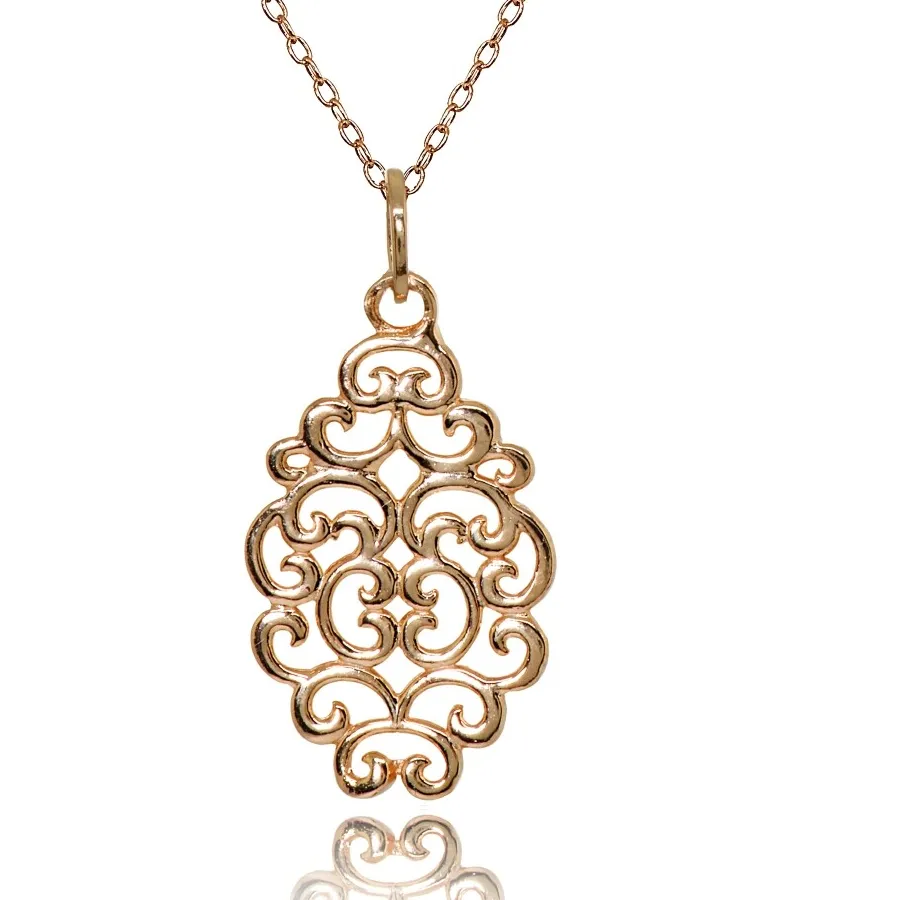 Authentic Filigree Swirl Spiral Polished Rose Gold Plated Sterling Silver Pendant Necklace