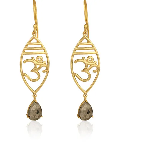 Authentic Pyrite Gemstone 925 Silver Gold Plated Om Symbol Designer Dangle Earrings